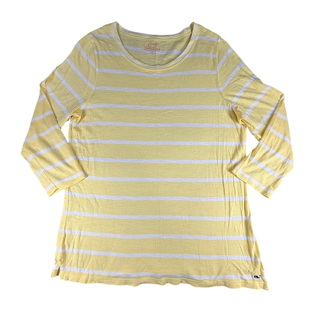 Vineyard Vines Womens Tee 3/4 Sleeve Striped Large Yellow Cotton Modal Slub Knit